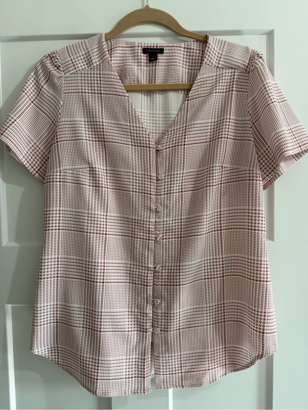 Ann Taylor Pink Plaid Short-Sleeve V-Neck Blouse